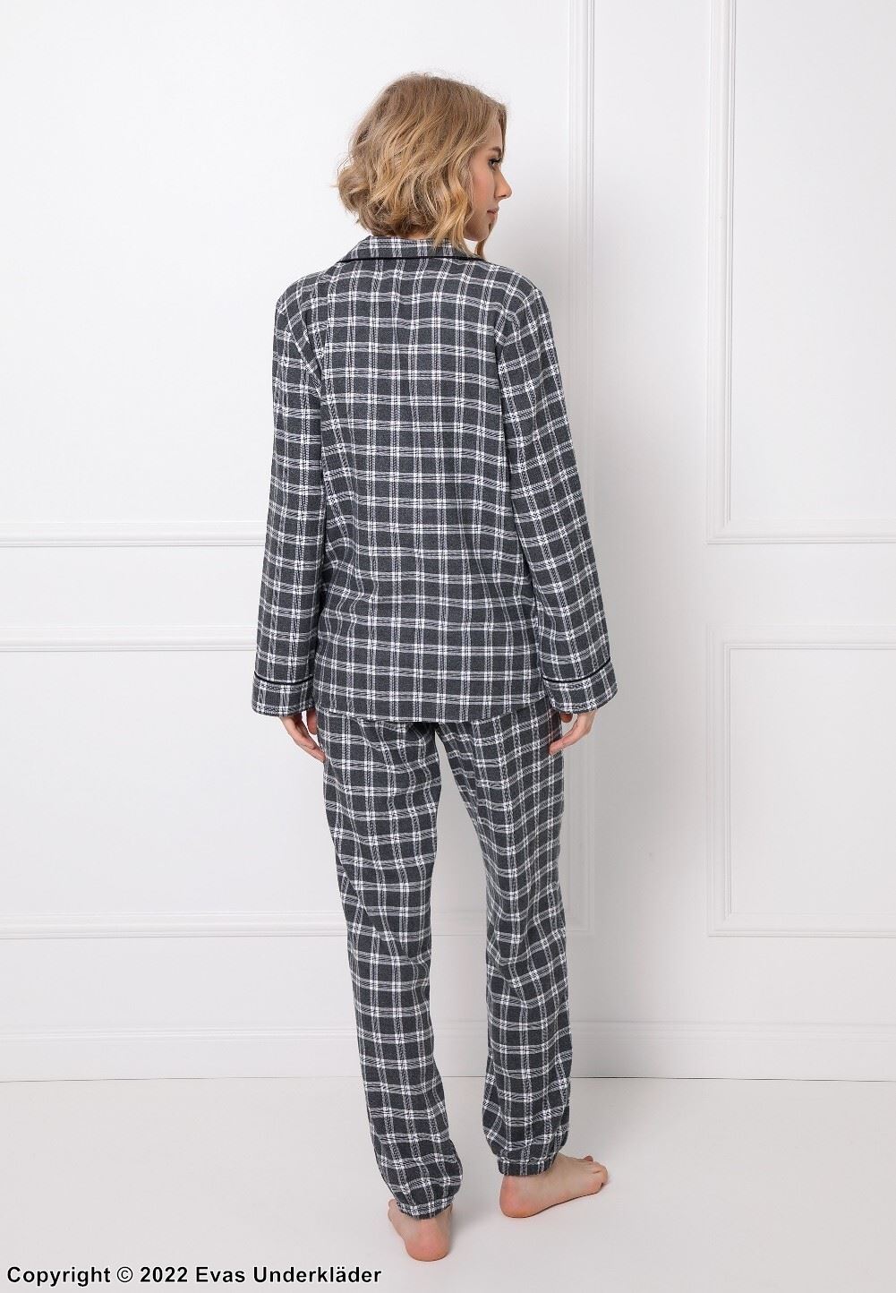 Top and pants pajamas, bow, long sleeves, pocket, checkered pattern
